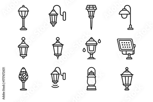 Lamp solar sensor waterproof pathway icon vector decorative rustic outdoor icons