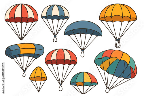 Vector set of various colorful parachute designs. Cartoon illustration collection for extreme sports like skydiving. Air transport and safety equipment for descent and landing.