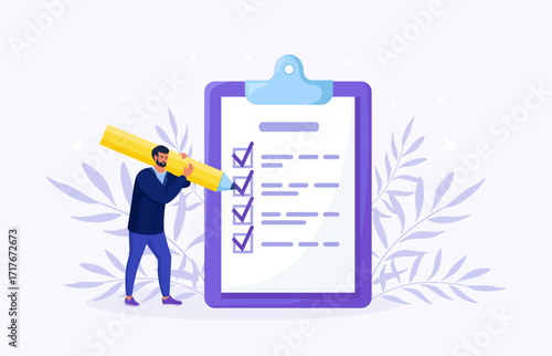 Man is standing near large to do list and filling out checkbox. Plan fulfilled, task completed. Month planning, time management. Daily checklist