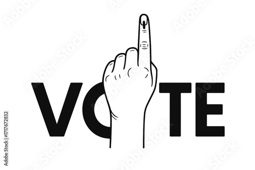 Vote India. Hand with inked finger for Indian General Elections. Voting symbol, democracy concept. Voter participation, citizen duty, polling day vector illustration.