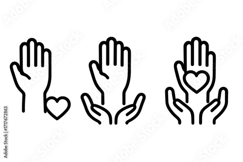 Volunteering and charity work icon set. Raised helping hand with heart symbol. Concept of support, love, donation, and community. Vector minimal line art graphic illustration.
