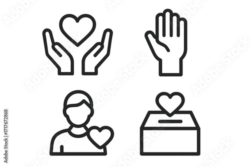 Volunteering and charity work icon set. Donation, giving, and support concept. Raised helping hand. Kindness, love, and social responsibility. Vector line graphic collection.
