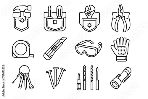 Goggles wrench monkey belt tool tape essentials cutter measuring vector hammer icon