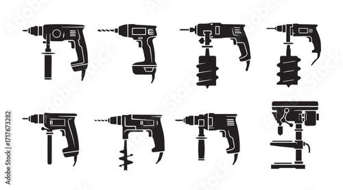Collection of various power drill and auger silhouettes on a white background silhouette