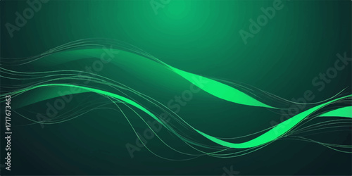 Green, flowing waves of light create a smooth and elegant abstract backdrop with a modern, curved design