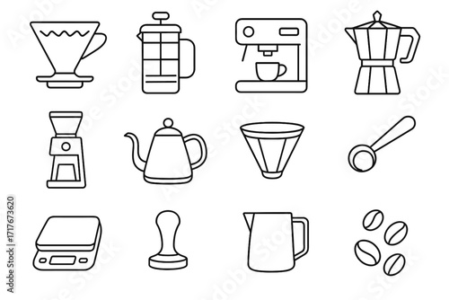Spout brewing scale espresso icon vector tools dripper press coffee moka milk