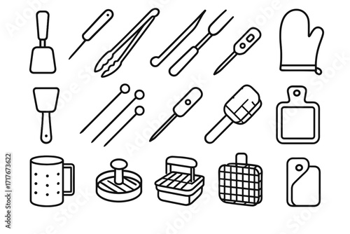 Outdoor icon bbq icons long brush tongs vector scraper chopping coal basket