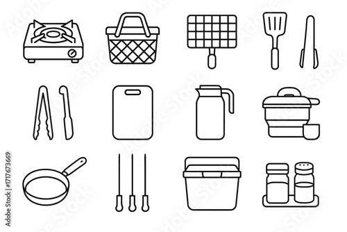 Icons cooler icon saucepan stove vector gear shaker mesh frying metal barbecue