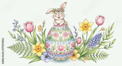 Joyful Easter bunny celebrates spring atop a beautifully decorated egg surrounded by vibrant blooming flowers and lush green foliage