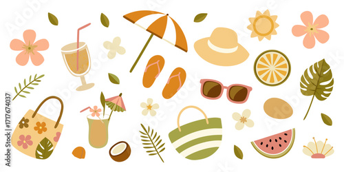 Fun Summer Vacation Collection of Flat Icons. A cheerful and vibrant collection of flat design icons depicting summer vacation elements.