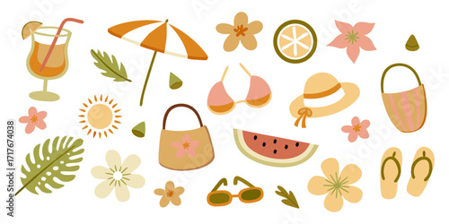 Cute Summer Essentials Collection for Design Projects. A cheerful and colorful collection of summer-themed illustrations, perfect for summer-themed projects, including beach accessories, drinks.