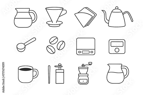 Manual iconography coffee digital weighing timer cup tool scoop vector icon stir