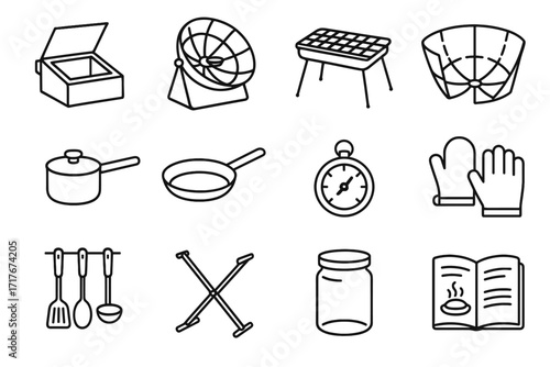 Cooker booklet solar protective vector food pan thermometer recipe cooking jar icon