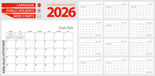 Turkish calendar planner for 2026. Turkish language, week starts from Monday.