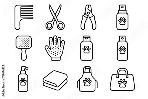 Clipper bottle comb grinder icon conditioner shampoo essentials vector grooming detangling pet