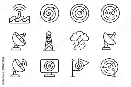 Hurricane thunderstorm radar storm signal weather icons scanner dish vector detection icon