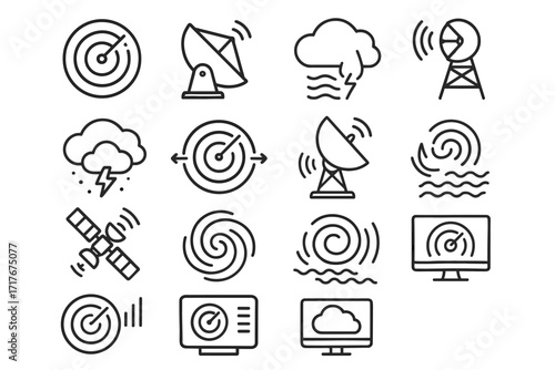 Icons hurricane monitor waves console scanner vector satellite radar weather icon