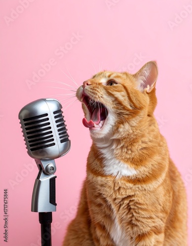 Wallpaper Mural Orange cat singing into microphone against pink background Torontodigital.ca