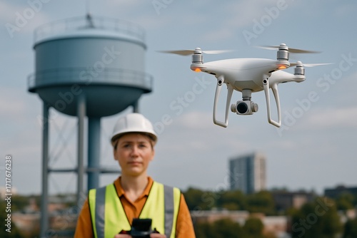 White drone inspecting water tower infrastructure, female operator blurred in foreground