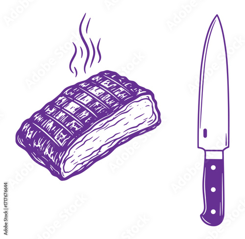 Deliciously grilled steak illustration with sharp knife vector for culinary and food related designs