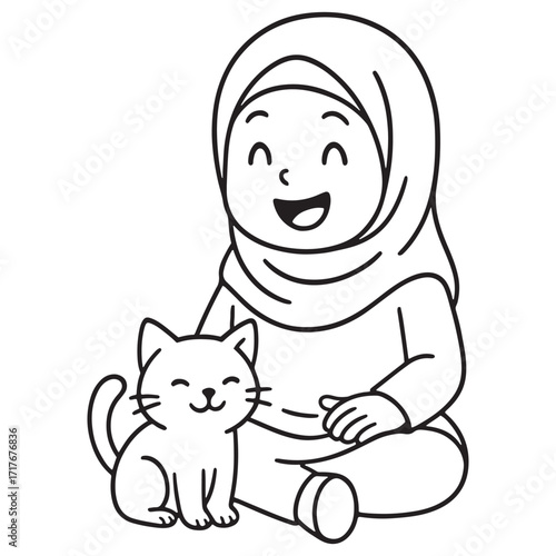 A black and white cartoon of a happy girl in a hijab sitting on the floor with a cat beside her, perfect for a coloring page.