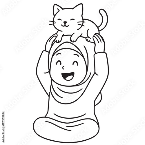 A black and white cartoon of a happy girl in a hijab sitting on the floor with a cat on her head, perfect for a coloring page.