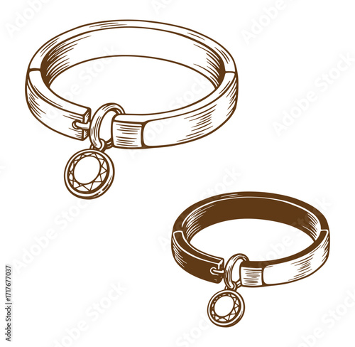 Elegant engraved illustration of dog collars with decorative pendants and vintage charm on white background