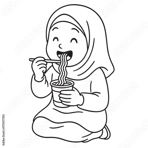 A simple black and white line art drawing of a Muslim girl in a hijab, happily eating noodles from a cup.