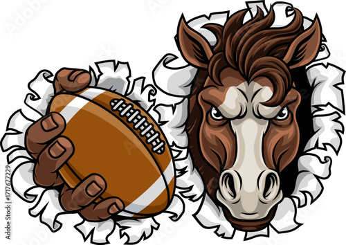 Horse mustang bronco stallion American football angry sports team mascot holding a ball.