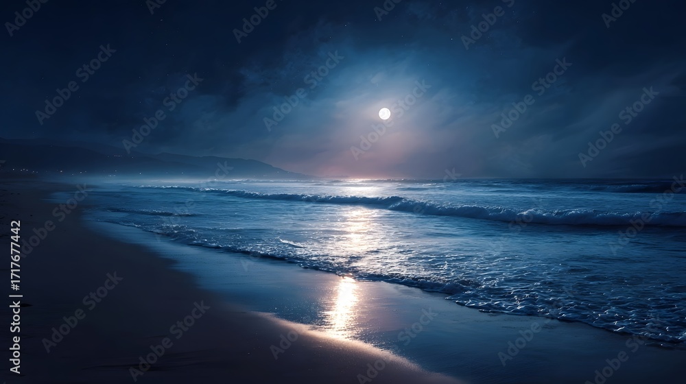 Obraz premium A tranquil ocean beach at night with a luminous full moon casting a shimmering reflection across the gentle waves and dark shoreline