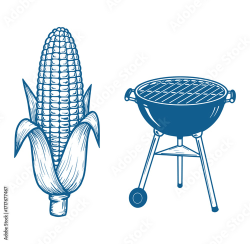 Hand drawn corn on the cob with charcoal grill for backyard barbecue season