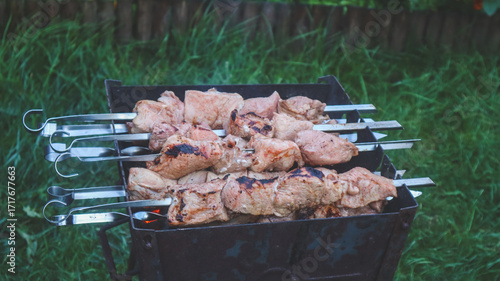 Shashlik on skewers is being cooked on charcoal in a barbecue close-up.