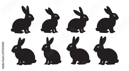 Collection of eight black rabbit silhouettes in various poses silhouette