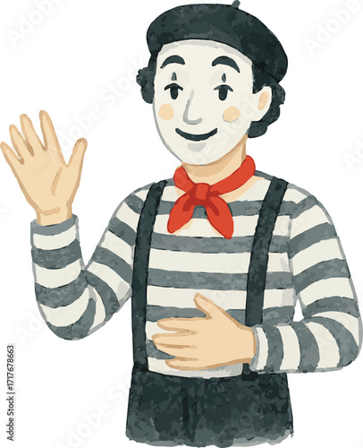 Vector watercolor cartoon illustration of a mime