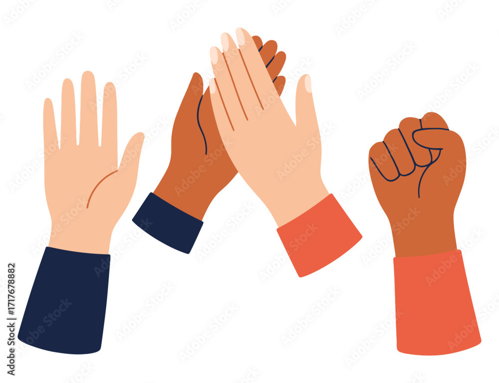 Obraz premium A group of people are holding hands and one of them has a fist raised. Concept of unity and strength. Vector.