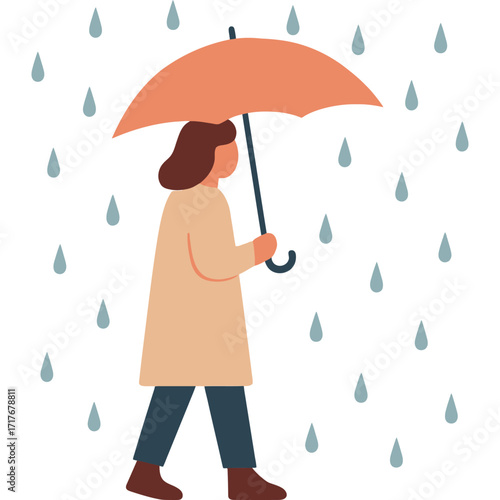 A woman is walking in the rain with an umbrella. The rain is falling in a steady stream. Concept of solitude and introspection. Vector.