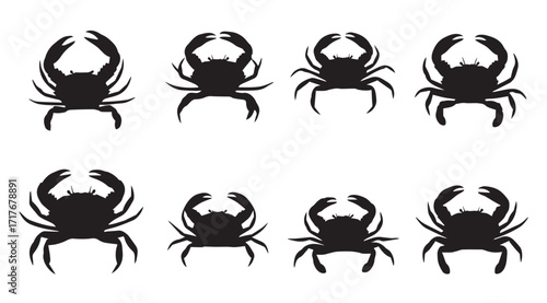 Eight black crab silhouettes displayed in two rows on a white background