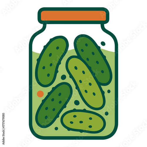 A jar of pickles with a green lid. The pickles are green and have a lot of small black dots on them. Vector.