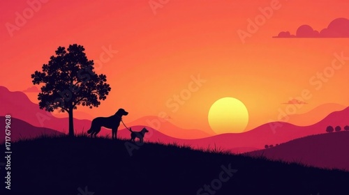 Silhouette of two canines on a leash enjoying a scenic sunset over rolling hills and a solitary tree.