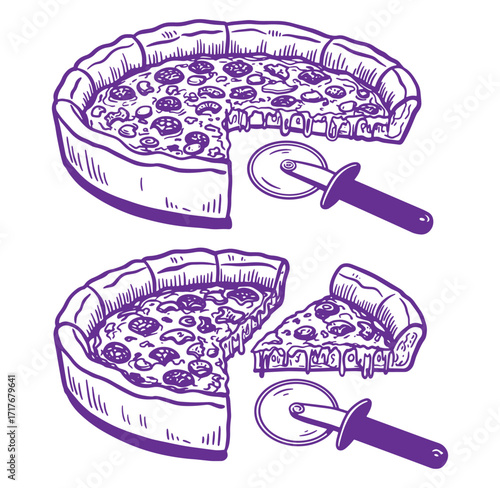 Purple line art illustration of delicious deep dish pizza with pizza cutter