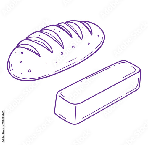 Simple hand drawn purple illustration of a loaf of bread and butter on a white background
