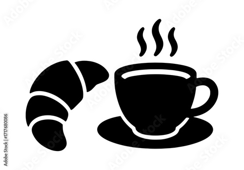 a simple black silhouette of a croissant and a cup of coffee on a saucer