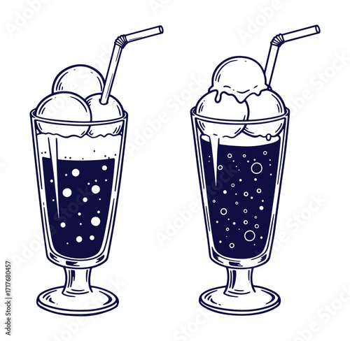 Two illustrated ice cream soda drinks in tall glasses with straws isolated