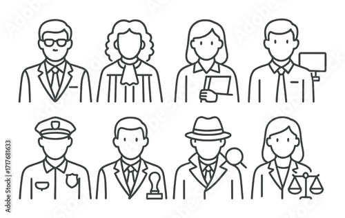 Outline icons of diverse professions including police and lawyer figures