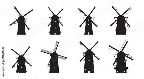 Collection of eight distinct traditional dutch windmill silhouettes against a white background