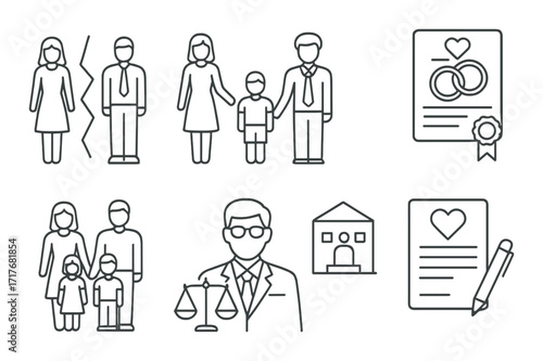 Family legal concepts: relationships, divorce, marriage and custody illustrations