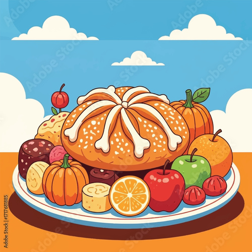 A vibrant cartoon illustration of a harvest platter with bread, pumpkins, and fresh fruit under a blue sky.