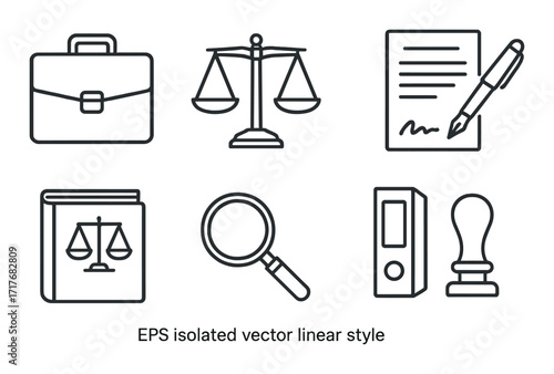 Linear icons: briefcase, scales of justice, document, book, magnifying glass, stamp
