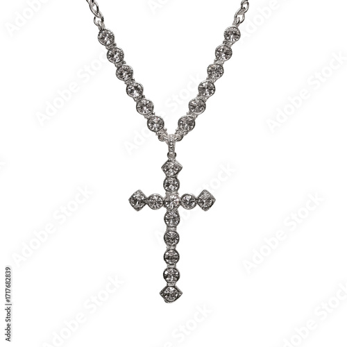 a silver necklace with clear rhinestones in the shape of a cross on a white background,