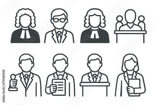 Legal professionals and court icons on gray background